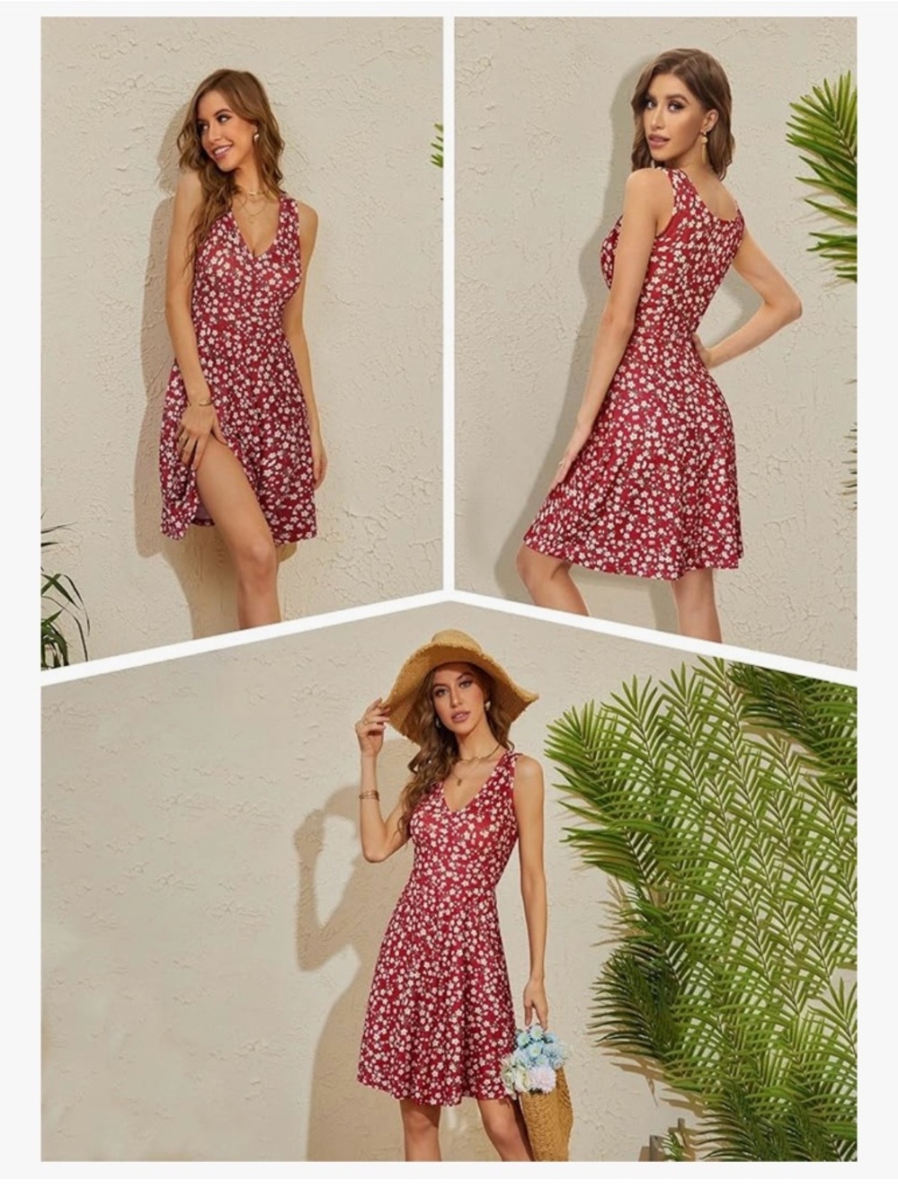 Women's Red Floral V-Neck Mini Dress